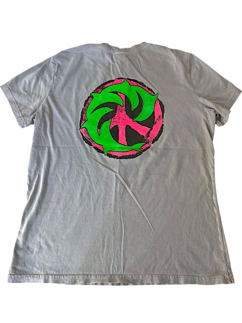 WRV Ladies Graphic Tee Neon Green and Pink Dolphin Peace Sign Grey Surf Size S